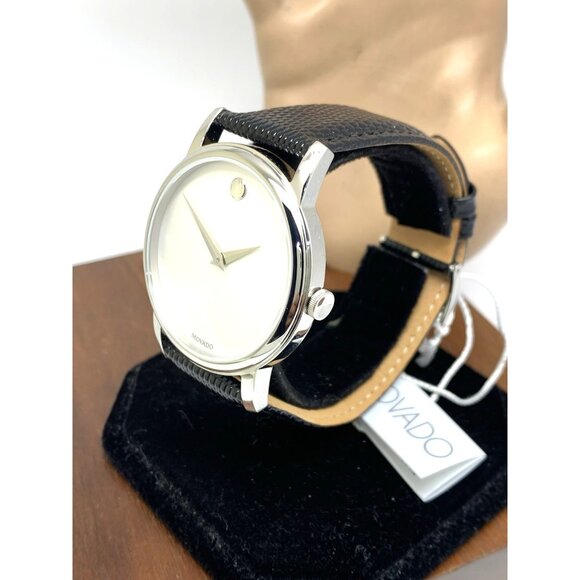 Movado Men's Watch 2100001 Swiss Quartz Silver Dial Black Leather Band 39mm - Picture 2 of 14